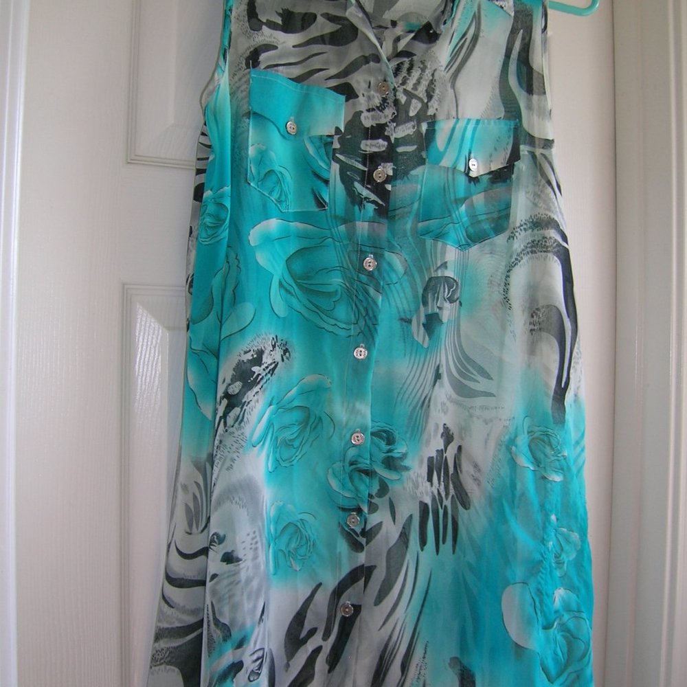Sheer extra Long Over Blouse, Turquoise